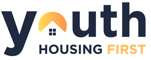 Logo for Youth Housing First. The word 'youth' is in bold, dark blue letters, with the 'o' stylized as a yellow-orange roof with a small window, symbolizing housing. Below, 'HOUSING FIRST' is written in uppercase letters, with 'HOUSING' in dark blue and 'FIRST' in yellow-orange