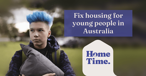 young person with a backpack and pillow in a park. text: fix housing for young people in Australia. home time logo